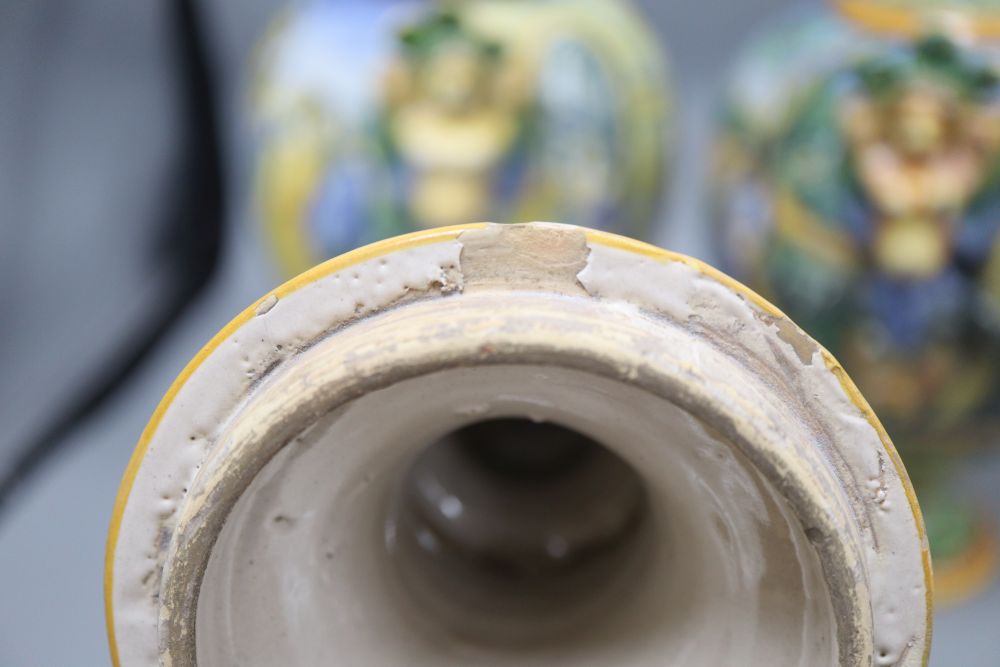 A pair of Italian maiolica vases and covers, height 37cm